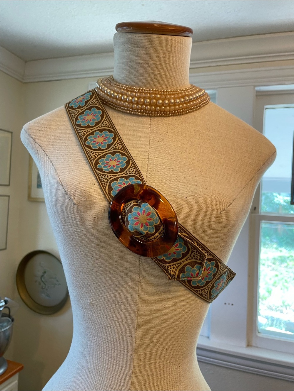 Aqua Floral Tapestry Belt with Tortoiseshell-Style Buckle - Brown/Turquoise